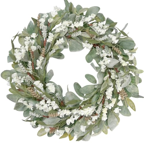 egolot 22 Inch Spring Summer Lamb Ears Leaves Wreath with Ivory Forsythia Flower, Year Round Greenery Floral Wreath for Front Door, All Seasons Rustic Farmhouse Everyday Wreath for Indoor Outdoor Decor - Image 1
