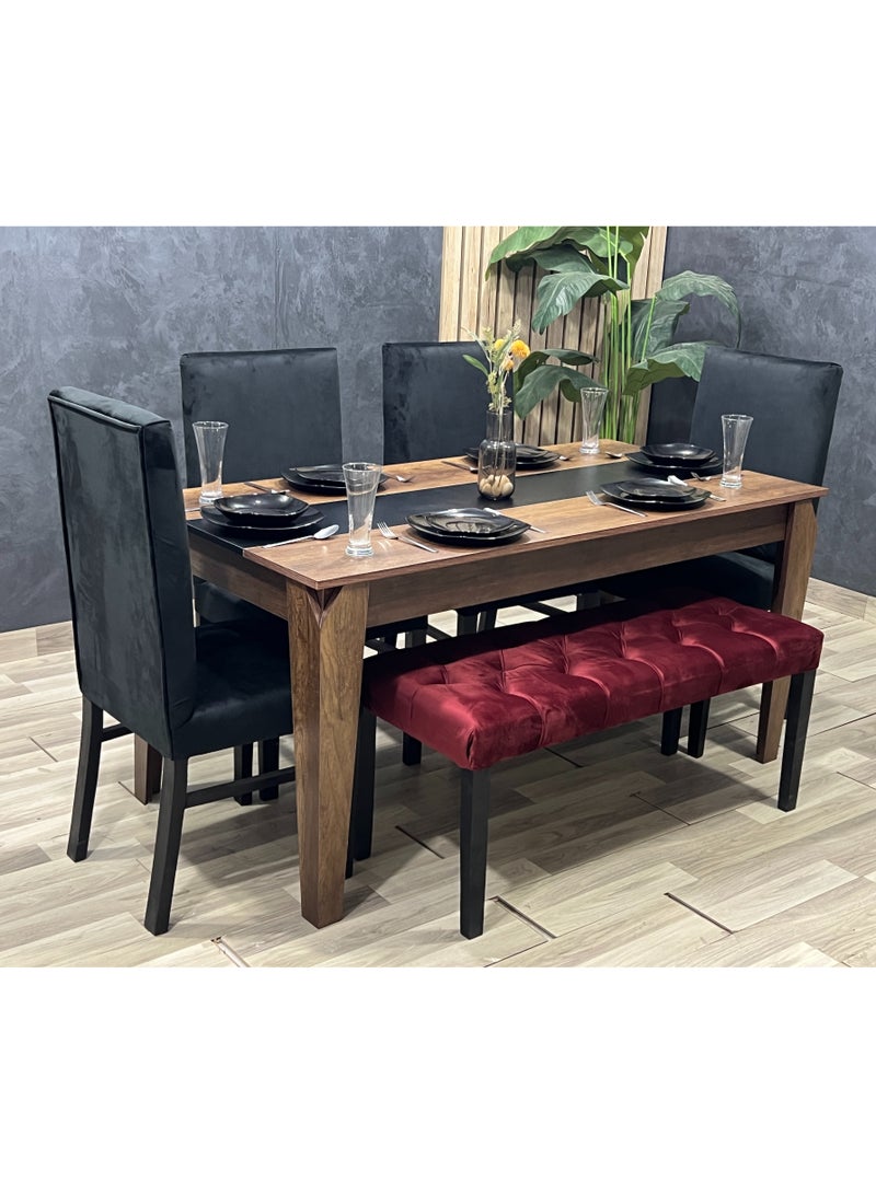 سفرة طعام 6 مقاعد – طاولة MDF مع 4 كراسي وبانكت بتنجيد قطيفة فاخر