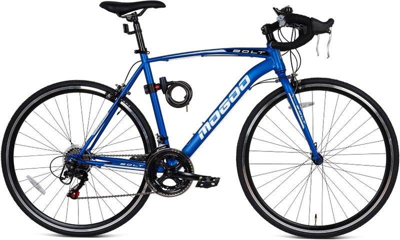 موجو دراجة طريق Mogoo Bolt 700C، نظام تروس Shimano بـ 14 سرعة، هيكل فولاذي خفيف، مناسبة للرجال والنساء، إطارات Kenda، فرامل من نوع Caliper، دراجة سباق للبالغين - Image 1