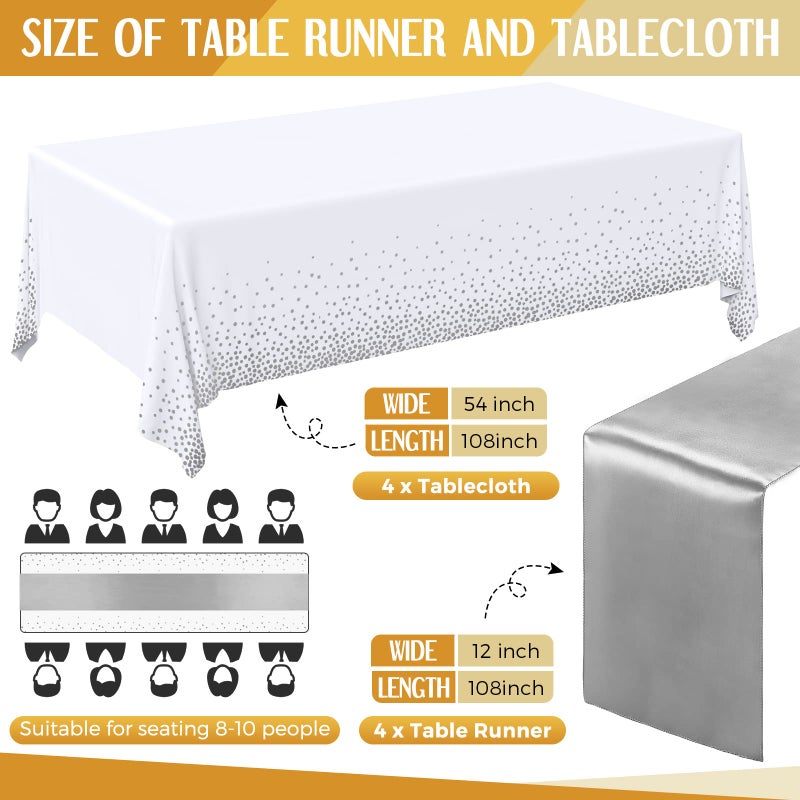 Breling 8 Pack White and Silver Disposable Plastic Tablecloths and Satin Table Runner Set, 54 x 108 Inch Tablecloth, 12 x 108 Inch Table Runners for Wedding Graduation Birthday Baby Shower New Year - Image 2