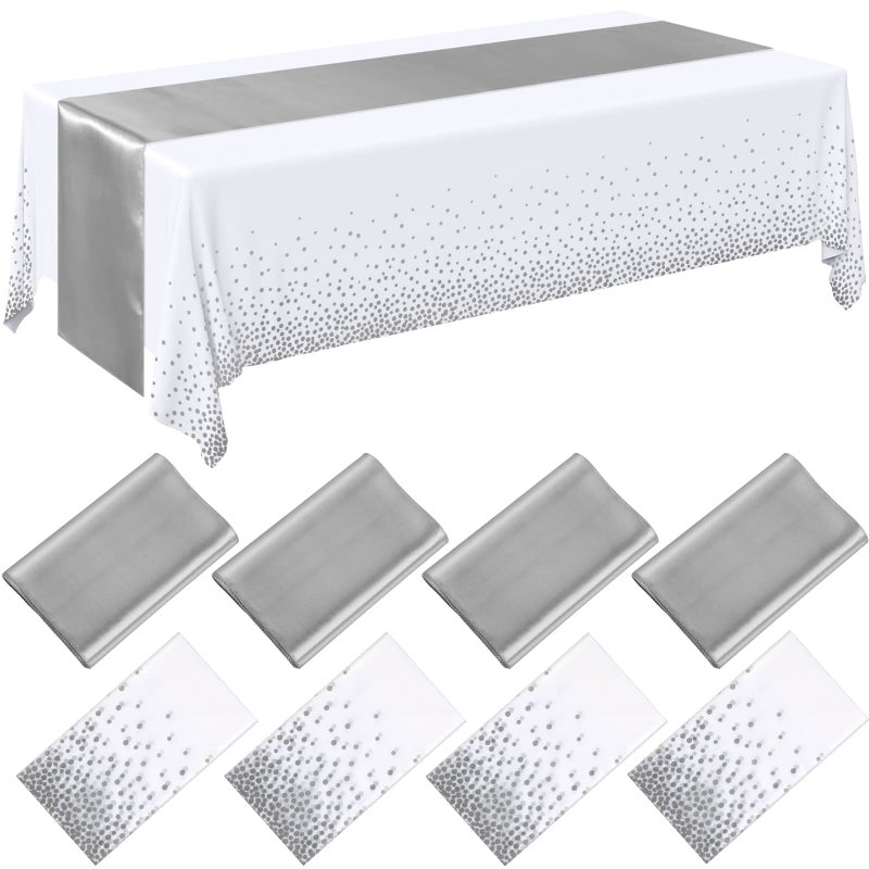 Breling 8 Pack White and Silver Disposable Plastic Tablecloths and Satin Table Runner Set, 54 x 108 Inch Tablecloth, 12 x 108 Inch Table Runners for Wedding Graduation Birthday Baby Shower New Year - Image 1