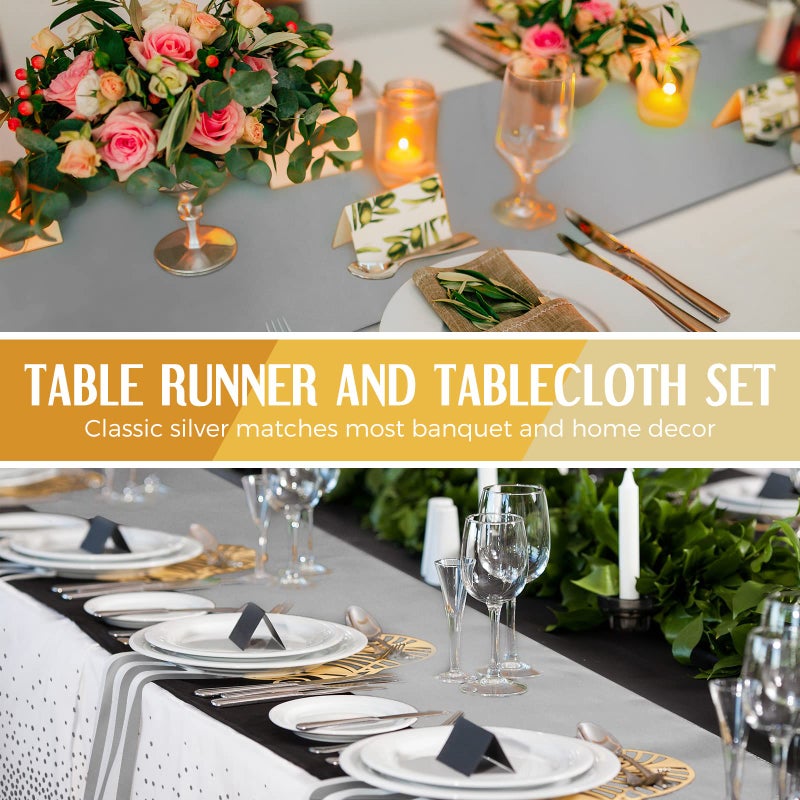 Breling 8 Pack White and Silver Disposable Plastic Tablecloths and Satin Table Runner Set, 54 x 108 Inch Tablecloth, 12 x 108 Inch Table Runners for Wedding Graduation Birthday Baby Shower New Year - Image 5
