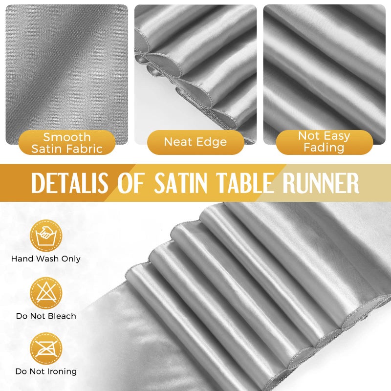 Breling 8 Pack White and Silver Disposable Plastic Tablecloths and Satin Table Runner Set, 54 x 108 Inch Tablecloth, 12 x 108 Inch Table Runners for Wedding Graduation Birthday Baby Shower New Year - Image 4