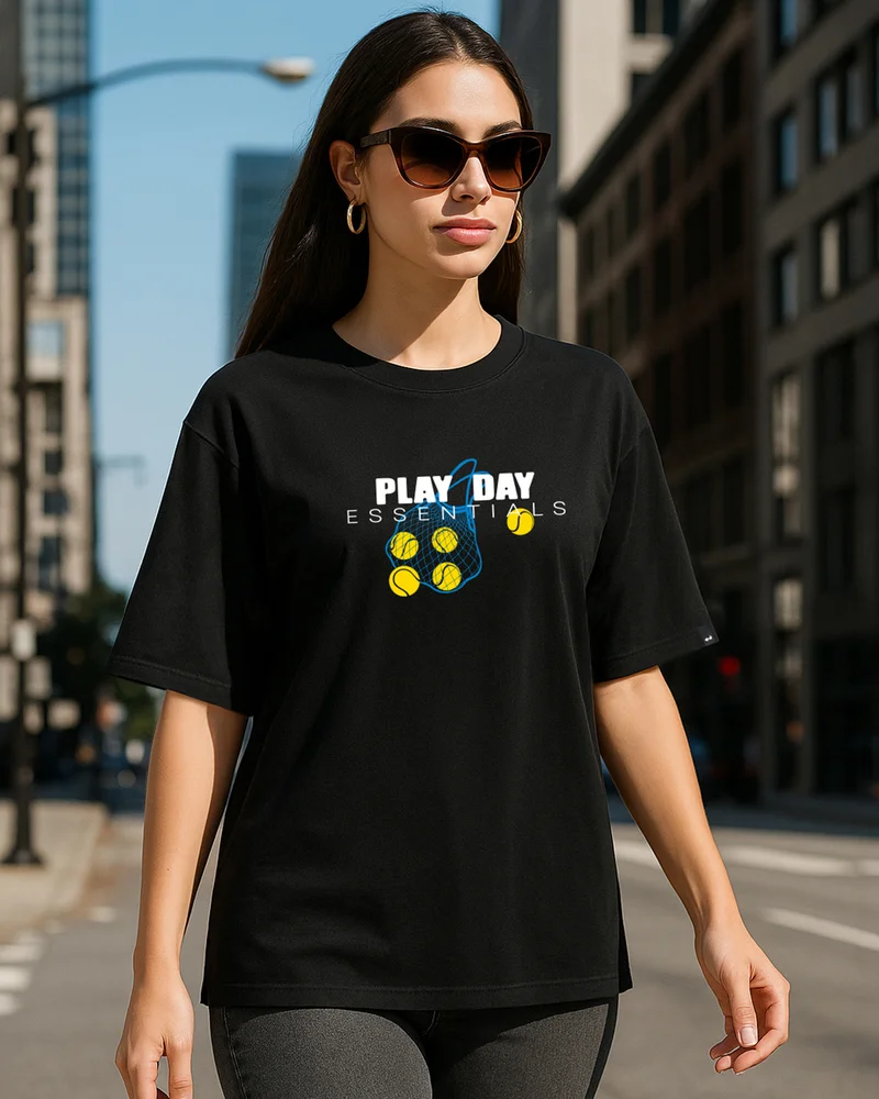 bewakoof Women's Black Essentials Graphic Printed Oversized T-shirt