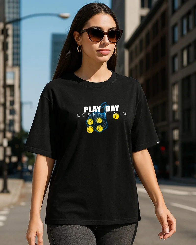 بيواكوف Women's Black Essentials Graphic Printed Oversized T-shirt