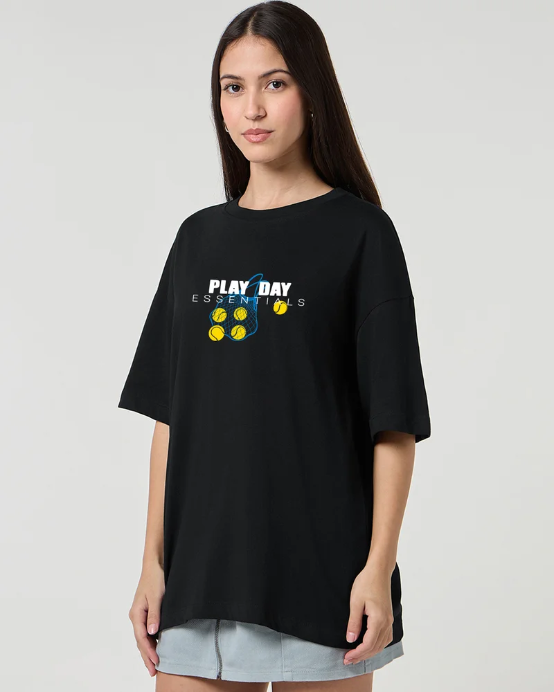 bewakoof Women's Black Essentials Graphic Printed Oversized T-shirt
