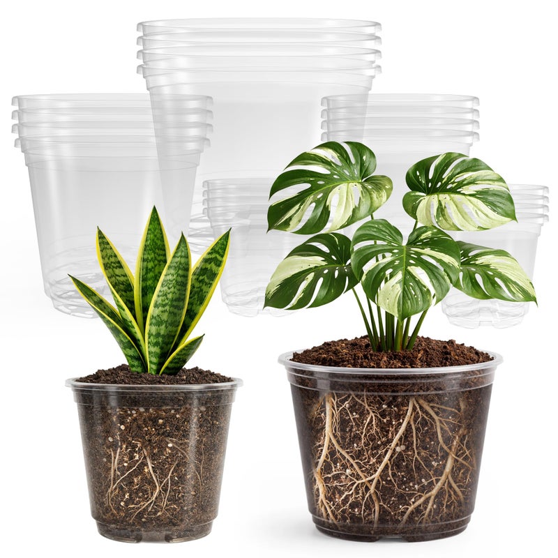 Bluepro 20 Pack 8/6/5/4/3.5 Inch Reinforced Large Clear Nursery Pots with Drainage Hole, Transparent Variety Pack Plastic Plant Pot for Vegetable Propagation, Root Cutting, Seed Starting - Image 1