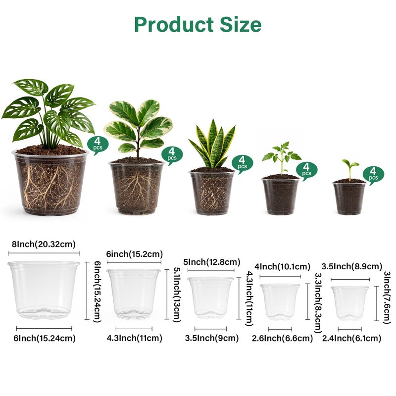 Bluepro 20 Pack 8/6/5/4/3.5 Inch Reinforced Large Clear Nursery Pots with Drainage Hole, Transparent Variety Pack Plastic Plant Pot for Vegetable Propagation, Root Cutting, Seed Starting - Image 2