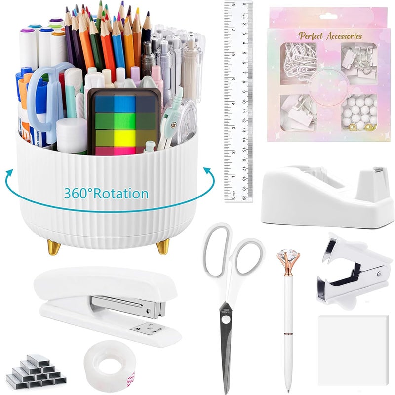suniya Office Supplies,Desk Accessories,with Stapler,Tape Dispenser,Staple Remover,Scissor,Ballpoint Pen,Sticky Notes,Clear Tape,Staples,Desk Organizer,Ruler,Binder,Best Gift Set(White) - Image 1