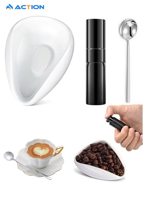 3-piece coffee bean measuring cup spray bottle set Single-dose measuring coffee bean tray set Ceramic coffee measuring cup ceramic measuring container Single-dose measuring tray kit Reduce coffee static Gift for coffee lovers (white ceramic + spray bottle + spoon)