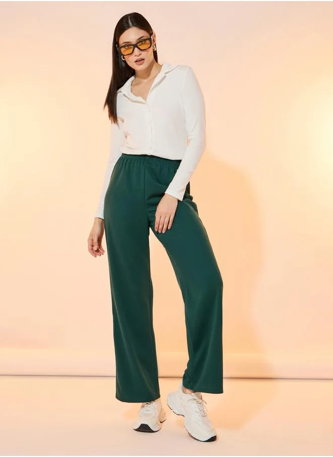 Styli Solid High Rise Rib Straight Fit Pants