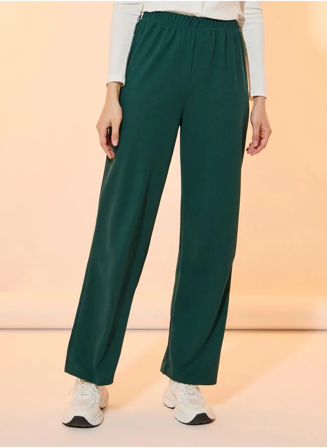 Styli Solid High Rise Rib Straight Fit Pants