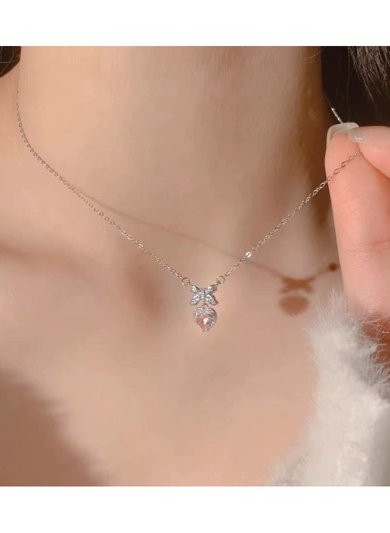 Goolsky Pink Heart & Bow Pendant Necklace – Elegant Petite Luxury Choker for Women | Dainty Sweetheart Collarbone Chain  - Image 1