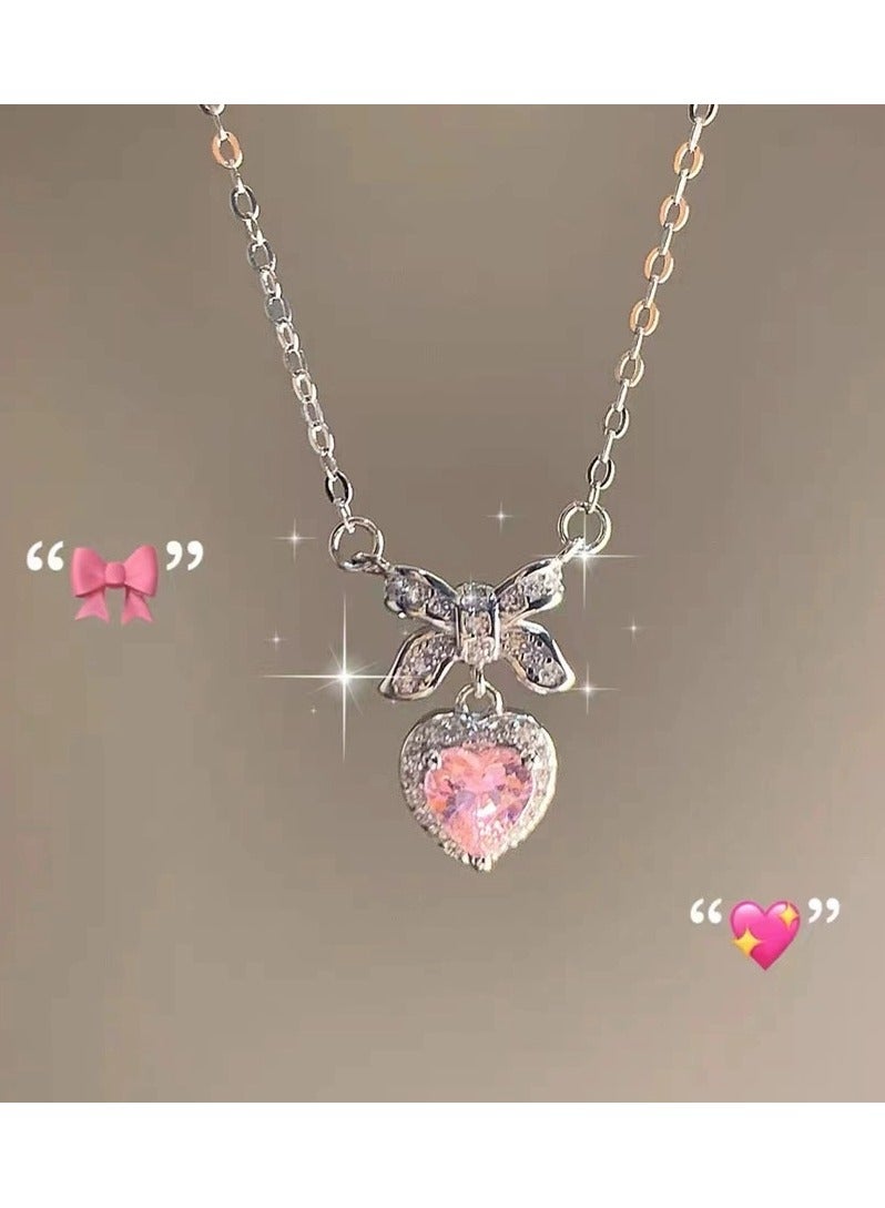 Goolsky Pink Heart & Bow Pendant Necklace – Elegant Petite Luxury Choker for Women | Dainty Sweetheart Collarbone Chain  - Image 2