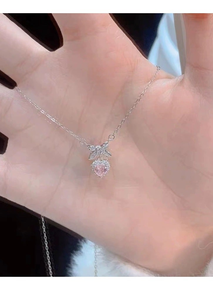 Goolsky Pink Heart & Bow Pendant Necklace – Elegant Petite Luxury Choker for Women | Dainty Sweetheart Collarbone Chain  - Image 4