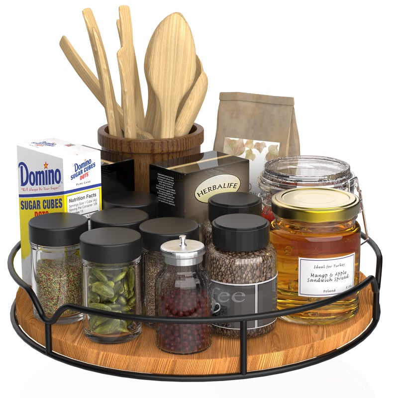 AXTEE Lazy Susan Turntable Organizer with Anti-Slip Mat for Cabinet Pantry Kitchen Countertop Refrigerator Office, Pine Wood, 10", Carbonized Black - Image 1