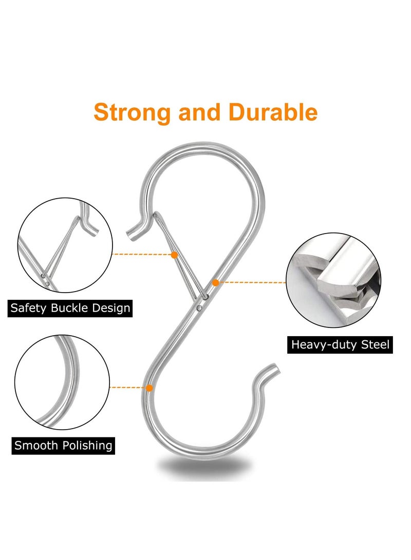 S Hooks for Hanging, Heavy Duty S Hooks with Safety Buckle S Shaped Hooks Kitchen Pot Rack Hooks Closet Hooks for Hanging Plants, Clothes, Kitchen Utensil, Pots and Pans, Bags 8 Pcs, Silver - Image 2