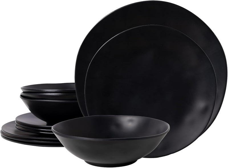 ZAROCRUS Black Melamine Plates and Bowls Set12Piece Melamine Dinnerware Sets for Indoor and Outdoor Use Lightweight RV and Camping Dish Set for 4 BPA Free and Dishwasher Safe - Image 1