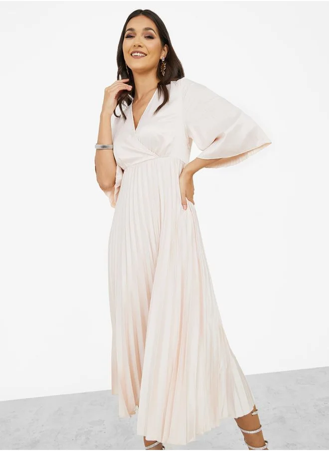 Styli 3/4 Sleeve Satin Pleated A-Line Midi Dress