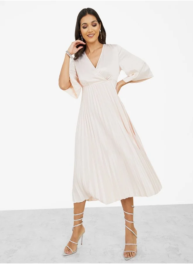 Styli 3/4 Sleeve Satin Pleated A-Line Midi Dress