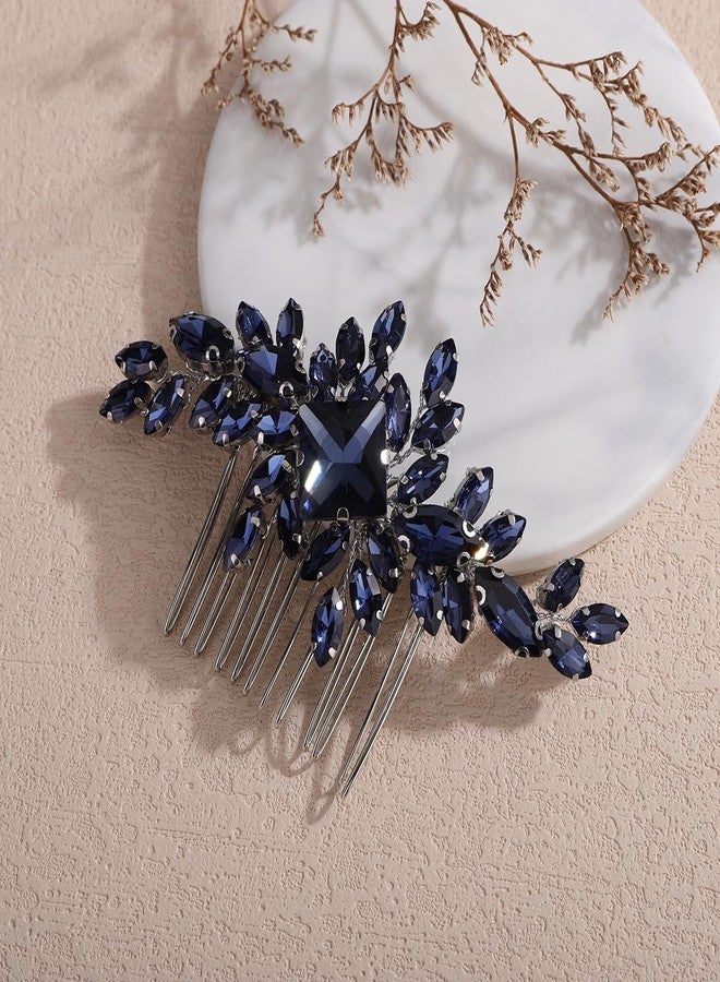 Xerling Multi-colored Rhinestones Blue Hair Comb Wedding Side Comb Brides Bridal Hair Accessories Headpiece Vintage Hair Jewelry for Women (Ink Blue) - Image 2