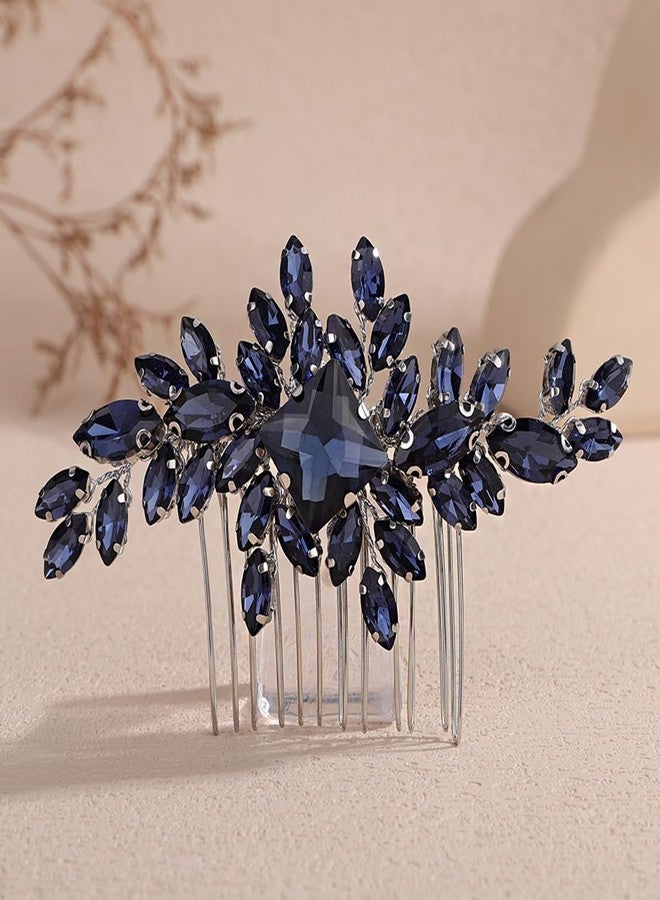 Xerling Multi-colored Rhinestones Blue Hair Comb Wedding Side Comb Brides Bridal Hair Accessories Headpiece Vintage Hair Jewelry for Women (Ink Blue) - Image 1