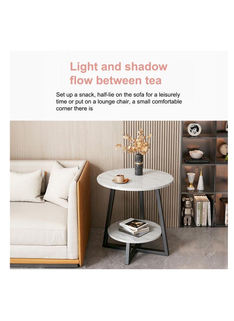 Generic - 2 Tier Side Table, Round Coffee Table Marble Texture MDF Top Tall End Table Side Table with Metal Legs for Living Room Corner, 60 * 60 * 55cm (White) - Image 1