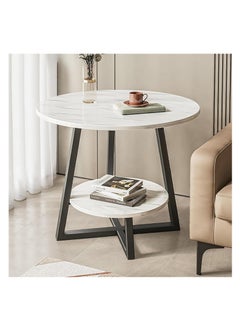 2 Tier Side Table, Round Coffee Table Marble Texture MDF Top Tall End Table Side Table with Metal Legs for Living Room Corner, 60 * 60 * 55cm (White)