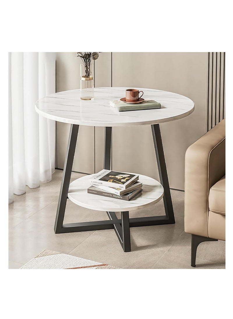 Generic - 2 Tier Side Table, Round Coffee Table Marble Texture MDF Top Tall End Table Side Table with Metal Legs for Living Room Corner, 60 * 60 * 55cm (White) - Image 1