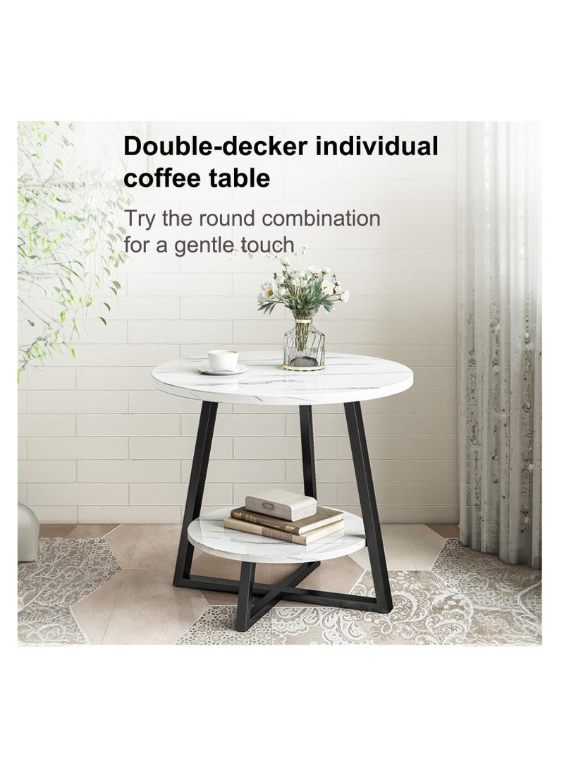 Generic - 2 Tier Side Table, Round Coffee Table Marble Texture MDF Top Tall End Table Side Table with Metal Legs for Living Room Corner, 60 * 60 * 55cm (White) - Image 1
