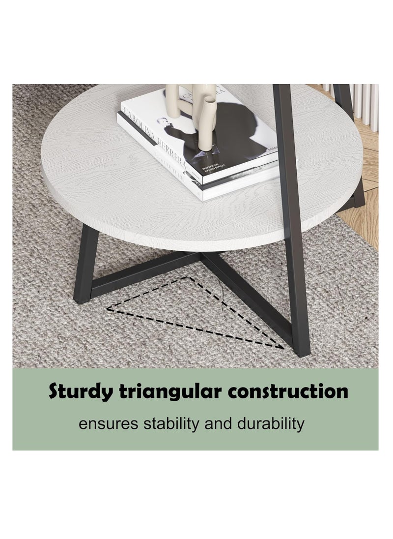 Generic - 2 Tier Side Table, Round Coffee Table Marble Texture MDF Top Tall End Table Side Table with Metal Legs for Living Room Corner, 60 * 60 * 55cm (White) - Image 1