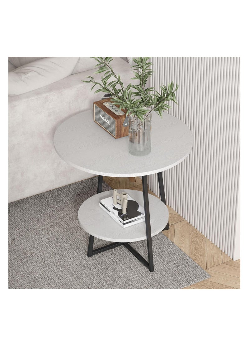 Generic - 2 Tier Side Table, Round Coffee Table Marble Texture MDF Top Tall End Table Side Table with Metal Legs for Living Room Corner, 60 * 60 * 55cm (White) - Image 1