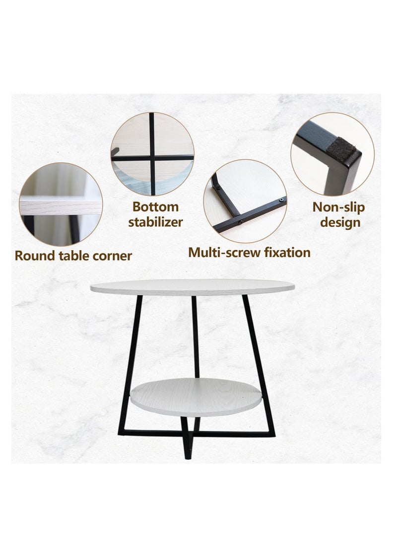 Generic - 2 Tier Side Table, Round Coffee Table Marble Texture MDF Top Tall End Table Side Table with Metal Legs for Living Room Corner, 60 * 60 * 55cm (White) - Image 1