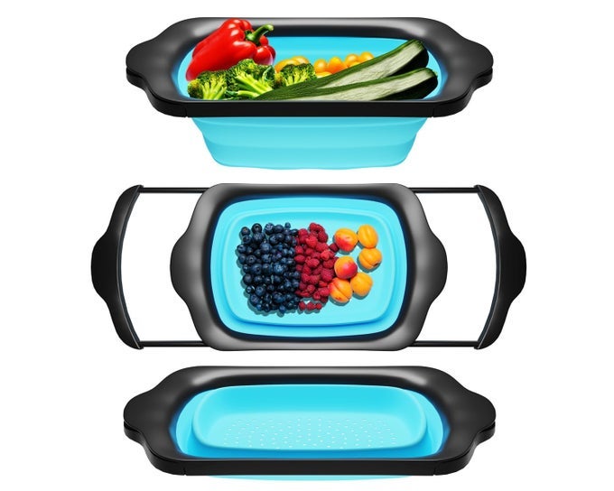 XL LARGE KITCHEN STRAINER BY COLLAPSIBLE SILICONE OVERTHESINK COLANDER WITH EXTENDABLE HANDLES USE WITH PASTA FRUIT BERRIES VEGGIE 6 QUART BLUE