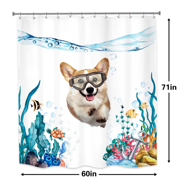 LGhtyro Funny Dog Shower Curtain Bathroom Set 60Wx71H Inches Hilarious Swimming Dog Blue Sea Ocean Bath Accessories Nautical Cute Lovely Corgi Fish Turtle Animal Art Home Decor Fabric 12 Pack Hooks - Image 4