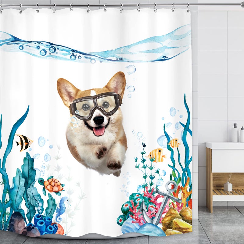 LGhtyro Funny Dog Shower Curtain Bathroom Set 60Wx71H Inches Hilarious Swimming Dog Blue Sea Ocean Bath Accessories Nautical Cute Lovely Corgi Fish Turtle Animal Art Home Decor Fabric 12 Pack Hooks - Image 1