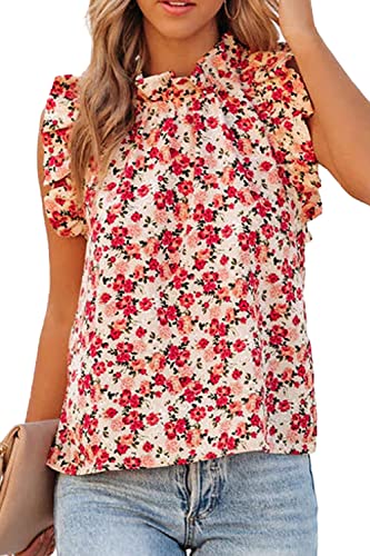 Allimy Women Summer Casual 2025 Sleeveless Chiffon Blouses Floral Loose Fit Tank Tops Red Medium - Image 3