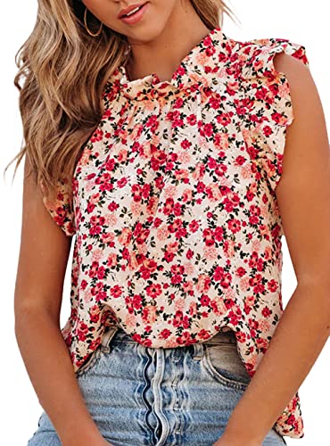 Allimy Women Summer Casual 2025 Sleeveless Chiffon Blouses Floral Loose Fit Tank Tops Red Medium - Image 5
