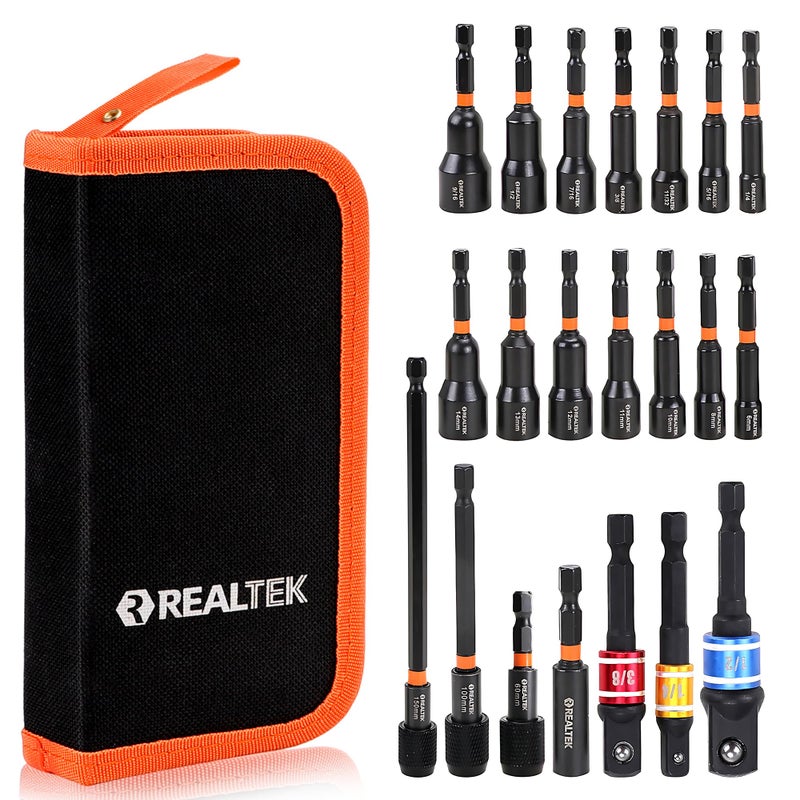 REALTEK 21PCS Magnetic Nut Driver Set, Metric and SAE Nut Drivers,1/4" Nut Driver Bit, Cr-V Steel, Nut Driver Set for Impact Drill, Impact Socket Adapters with Cloth Case - Image 1