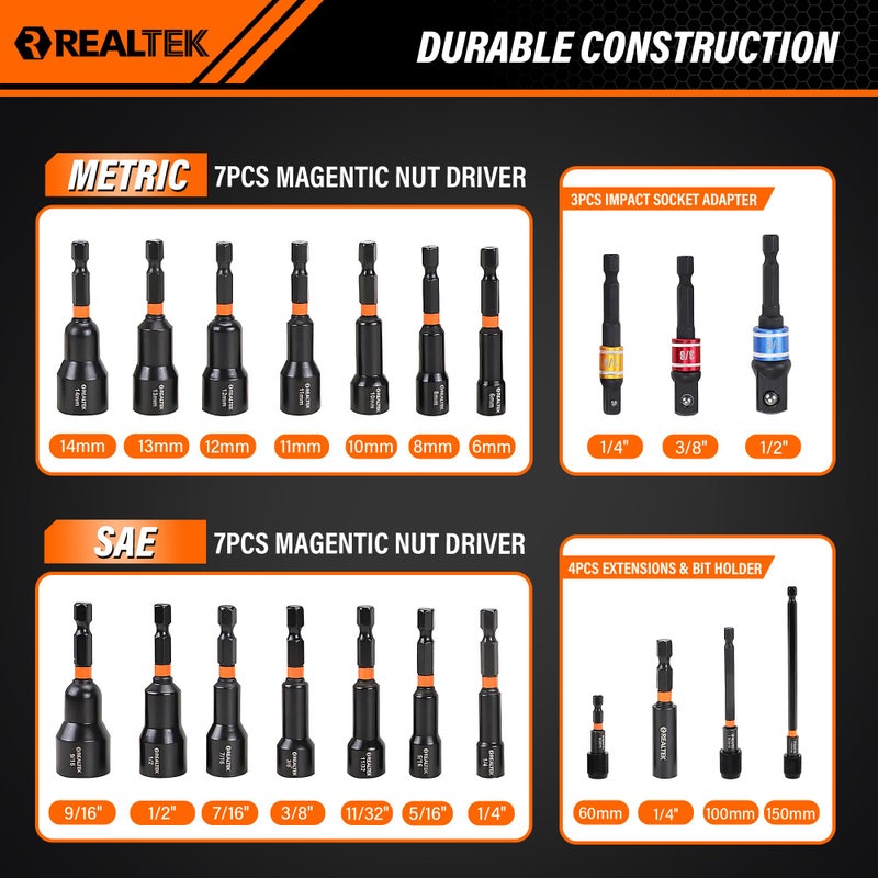 REALTEK 21PCS Magnetic Nut Driver Set, Metric and SAE Nut Drivers,1/4" Nut Driver Bit, Cr-V Steel, Nut Driver Set for Impact Drill, Impact Socket Adapters with Cloth Case - Image 2