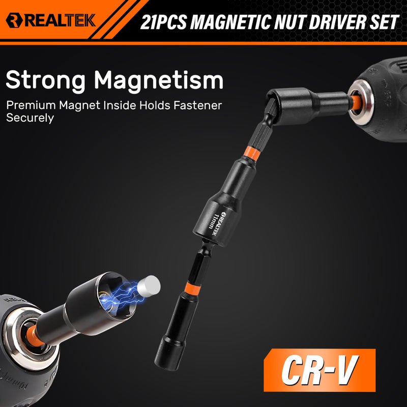 REALTEK 21PCS Magnetic Nut Driver Set, Metric and SAE Nut Drivers,1/4" Nut Driver Bit, Cr-V Steel, Nut Driver Set for Impact Drill, Impact Socket Adapters with Cloth Case - Image 4