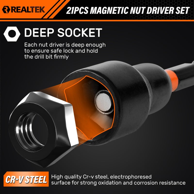 REALTEK 21PCS Magnetic Nut Driver Set, Metric and SAE Nut Drivers,1/4" Nut Driver Bit, Cr-V Steel, Nut Driver Set for Impact Drill, Impact Socket Adapters with Cloth Case - Image 5