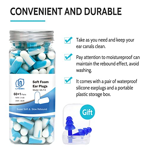 LYSIAN Noise Cancelling Earplugs for Sleep - 60 Pairs, 38dB Disposable Ear Plugs for Sleeping, Snoring, Shooting, Mowing Loud Sound Reduction- Double Color Light Blue/White - Image 5