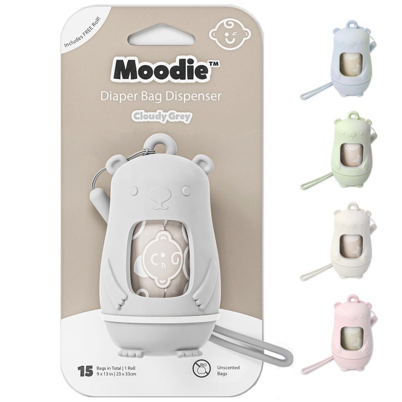 Moodie Teddy Bear Dispenser | Diaper Trash Bags on the Go Dispenser w/Silicon Strap | 15 UNSCENTED Baby Poop Bags per Roll | Dirty Diaper Bag Dispenser Disposable | Diaper Waste Bags (GREY) - Image 1