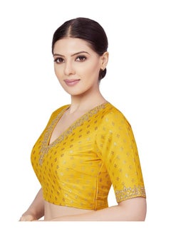Studio Shringaar Studio Shringaar Women's Brocade Embroidered V-Neck Readymade Elbow Length Sleeves Saree Blouse (Yellow, 40)  - Image 3