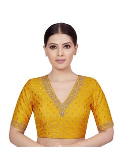 Studio Shringaar Studio Shringaar Women's Brocade Embroidered V-Neck Readymade Elbow Length Sleeves Saree Blouse (Yellow, 40)  - Image 1