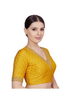 Studio Shringaar Studio Shringaar Women's Brocade Embroidered V-Neck Readymade Elbow Length Sleeves Saree Blouse (Yellow, 40)  - Image 4