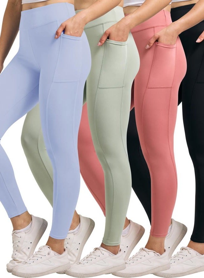 REALESSENTIALS 4 Pack: Womens Leggings Yoga Pants for Women Workout Tummy Control Legging Pockets Gym Clothes Clothing Compression Halara Exercise Pants Womans Adult Girl Teen High Waisted Pocket Waist - Set 4, L - Image 1