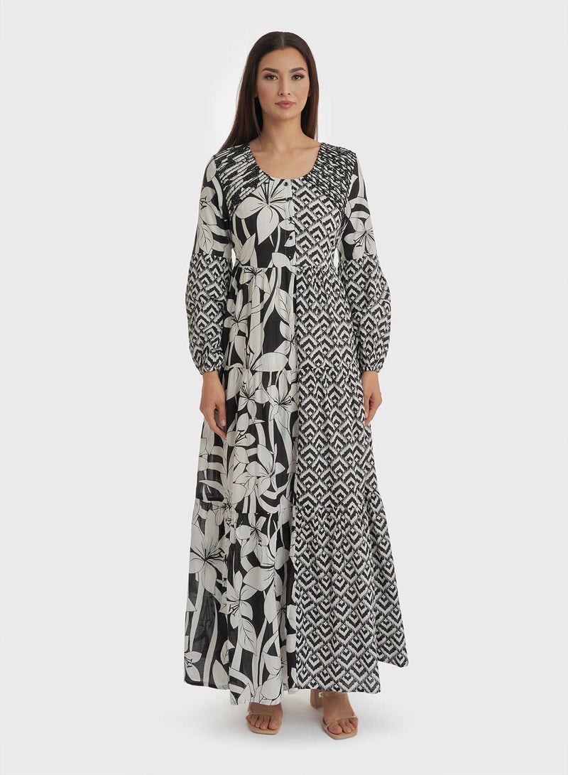 كشخة جلابية مرقعة متعددة الطبقات بأزرار وحزام - Image 1