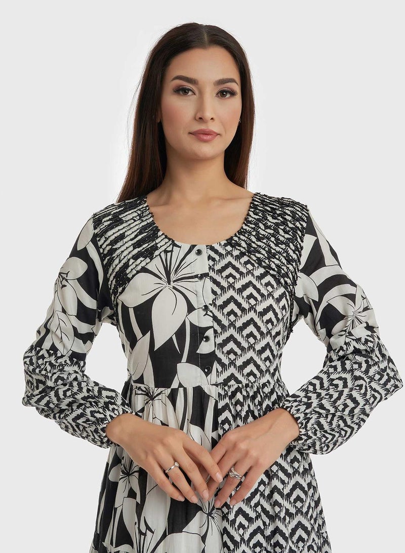 كشخة جلابية مرقعة متعددة الطبقات بأزرار وحزام - Image 2